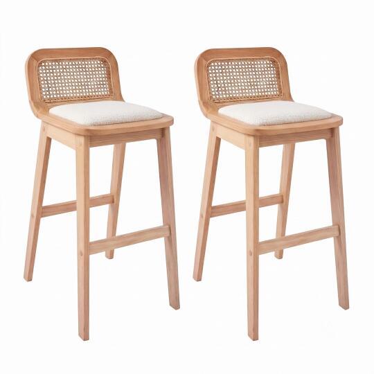 Lot de chaises d'îlot et bar en chêne, assise tissu velours et dossier cannage H65cm