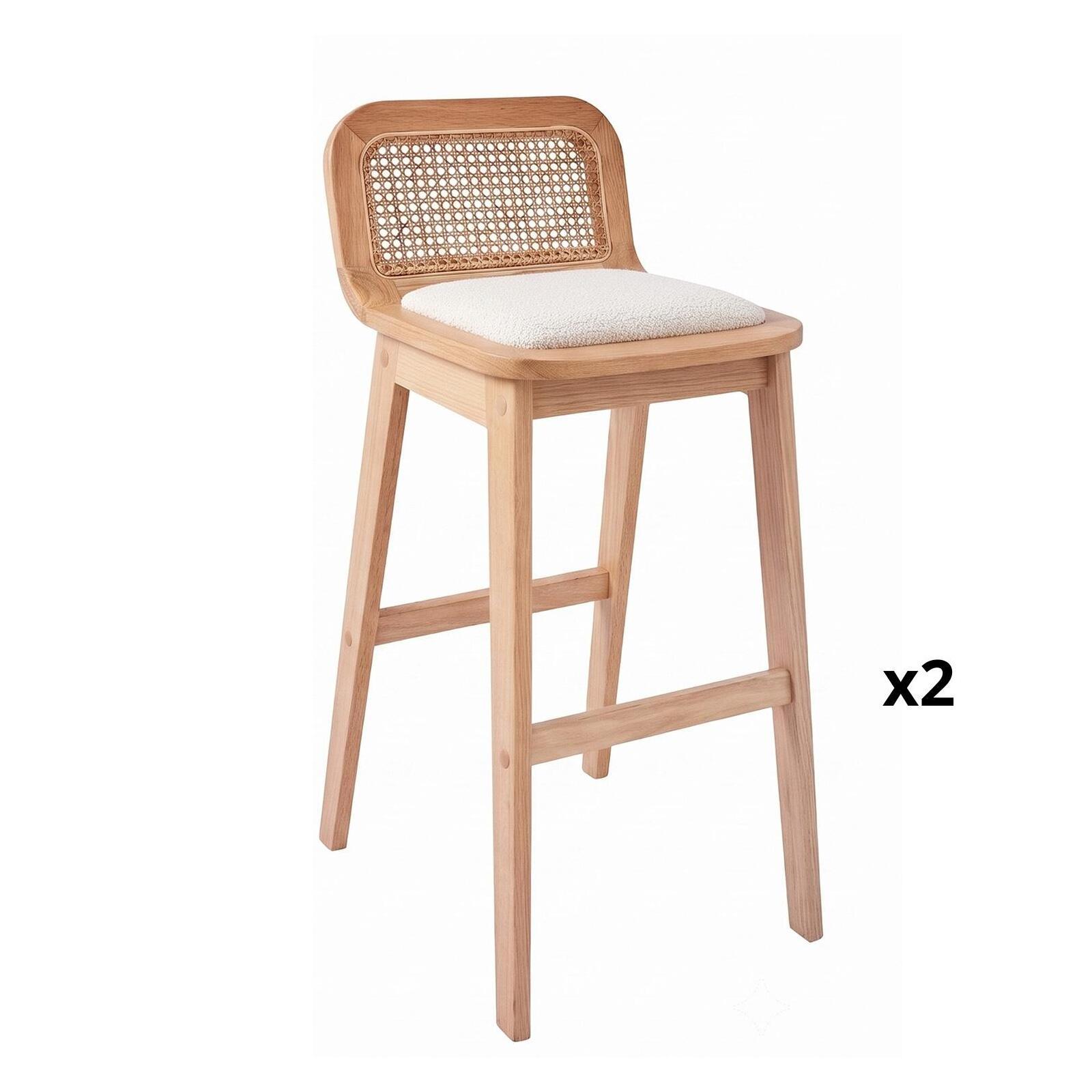 Lot de chaises d'îlot et bar en chêne, assise tissu velours et dossier cannage H65cm
