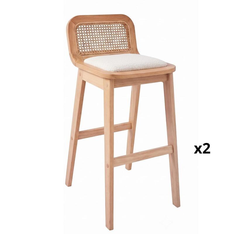 Lot de chaises d'îlot et bar en chêne, assise tissu velours et dossier cannage H65cm