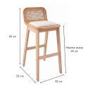 Lot de chaises d'îlot et bar en chêne, assise tissu velours et dossier cannage H65cm