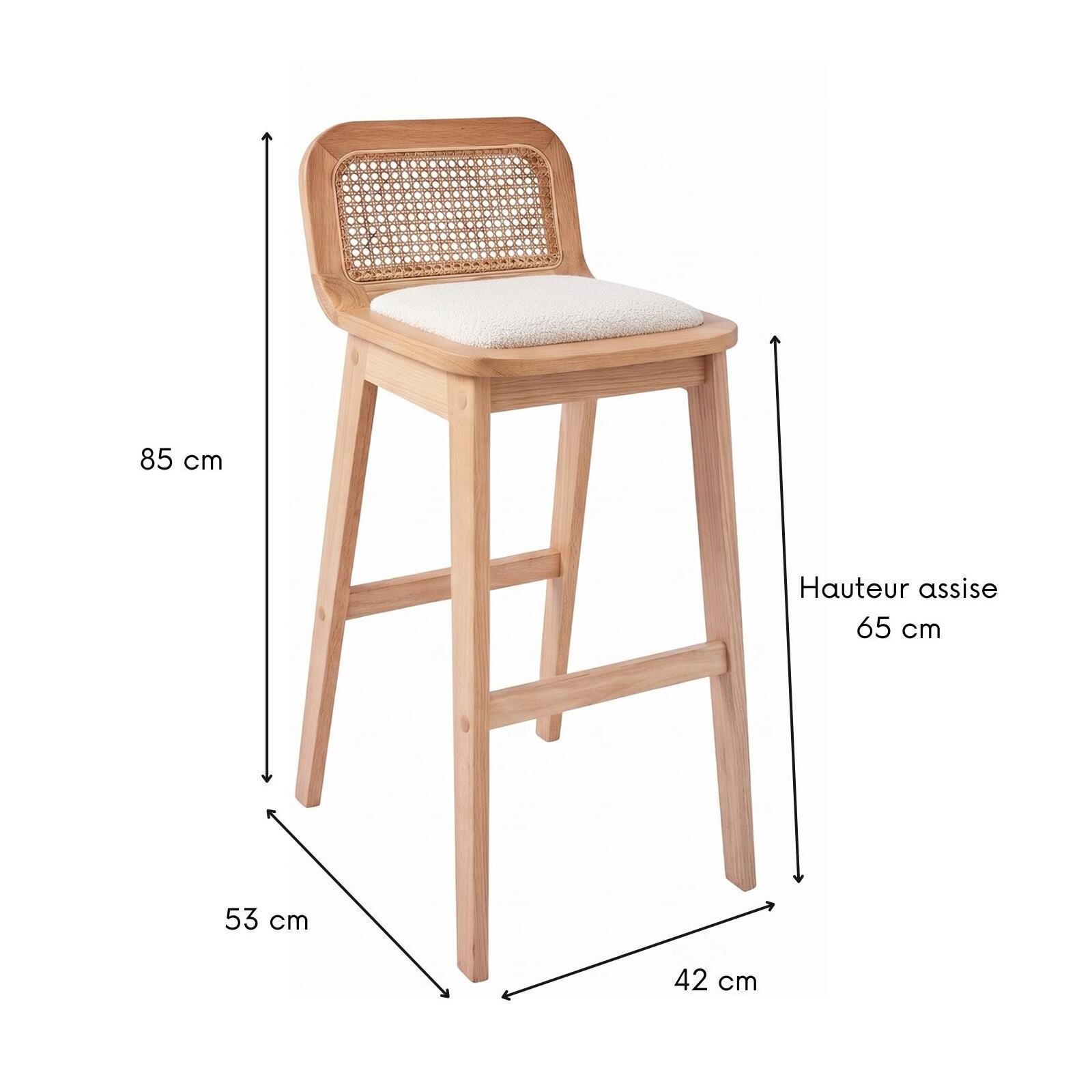 Lot de chaises d'îlot et bar en chêne, assise tissu velours et dossier cannage H65cm