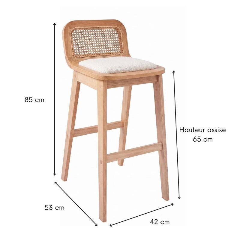 Lot de chaises d'îlot et bar en chêne, assise tissu velours et dossier cannage H65cm