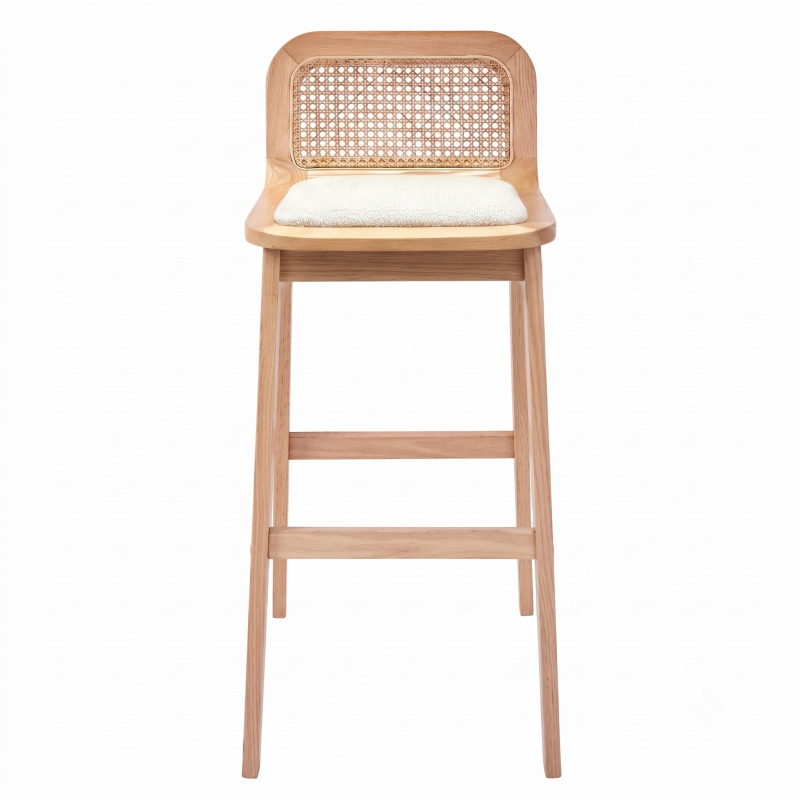 Lot de chaises d'îlot et bar en chêne, assise tissu velours et dossier cannage H65cm