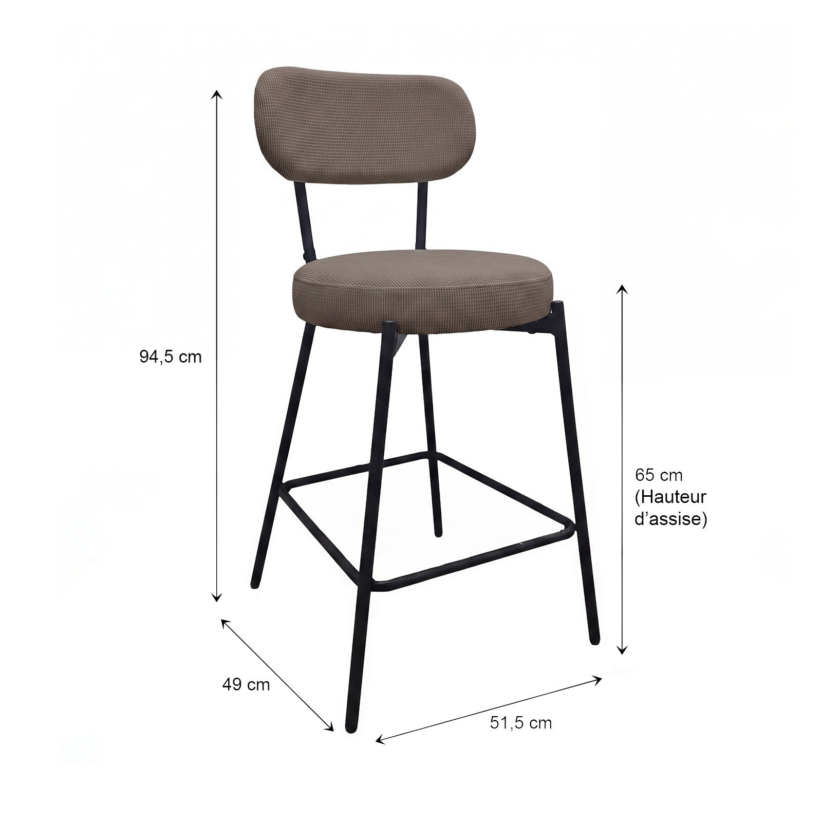 Lot de chaises d'îlot et bar en métal et assise en tissu velours côtelé H65cm