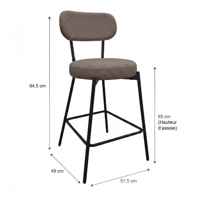 Lot de chaises d'îlot et bar en métal et assise en tissu velours côtelé H65cm