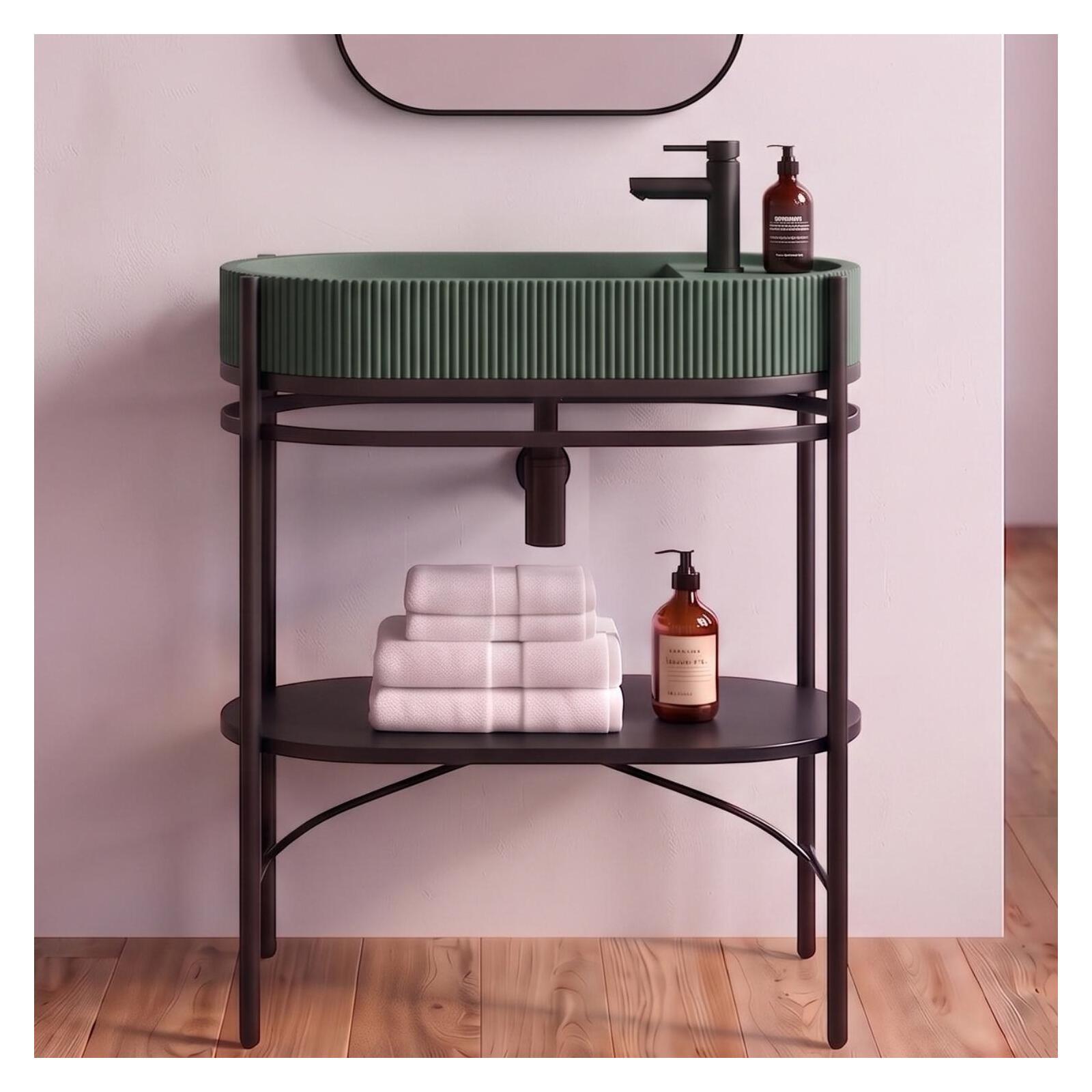 Meuble simple vasque sur pieds 80cm en métal noir et vasque béton 