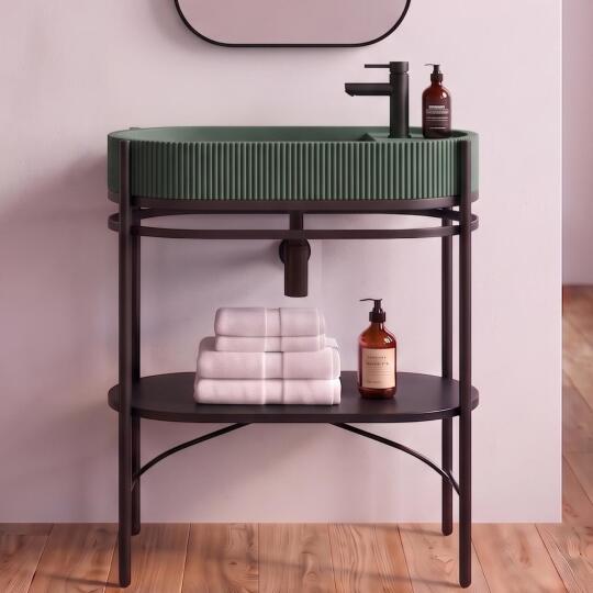Meuble simple vasque sur pieds 80cm en métal noir et vasque béton 