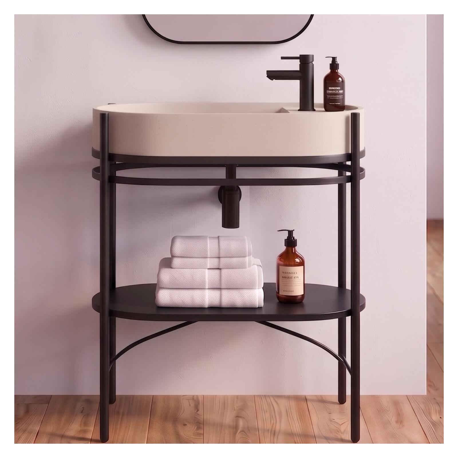 Meuble simple vasque sur pieds 80cm en métal noir et vasque béton 