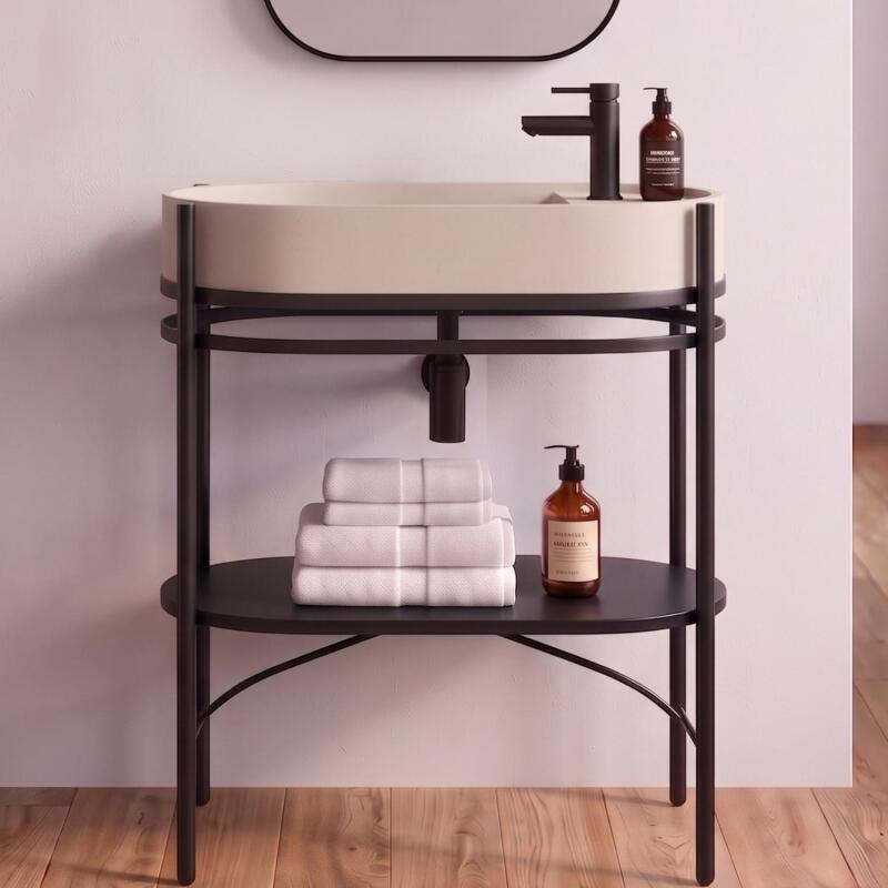 Meuble simple vasque sur pieds 80cm en métal noir et vasque béton 