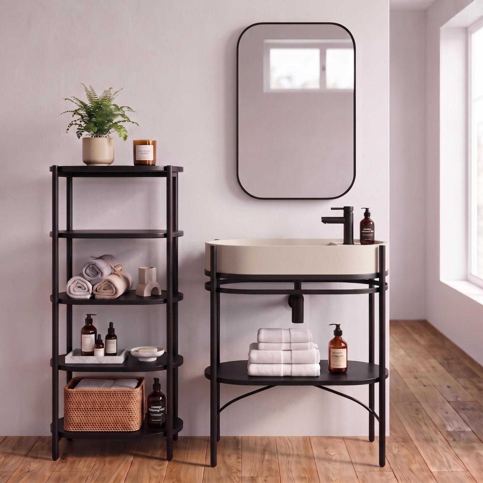 Meuble simple vasque sur pieds 80cm en métal noir et vasque béton 