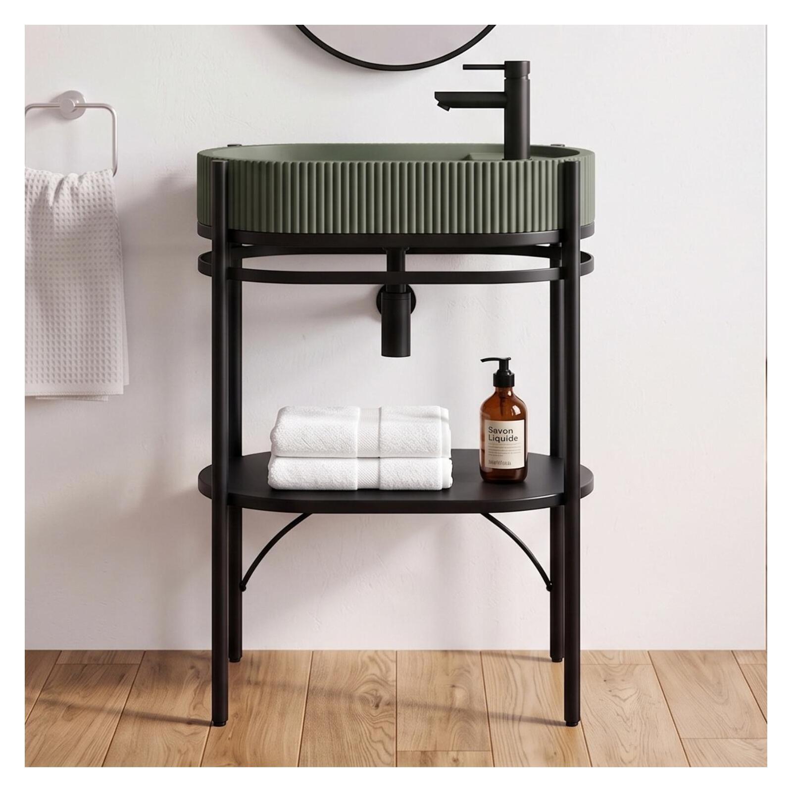 Meuble simple vasque sur pieds 55cm en métal noir et vasque béton 