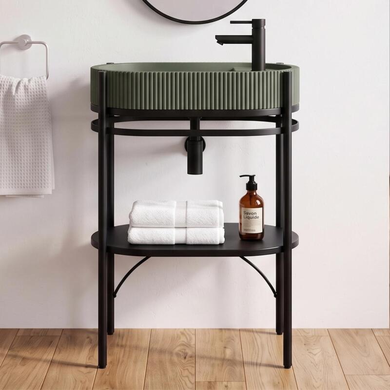 Meuble simple vasque sur pieds 55cm en métal noir et vasque béton 