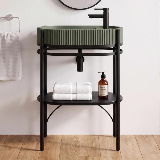 Meuble simple vasque sur pieds 55cm en métal noir et vasque béton 