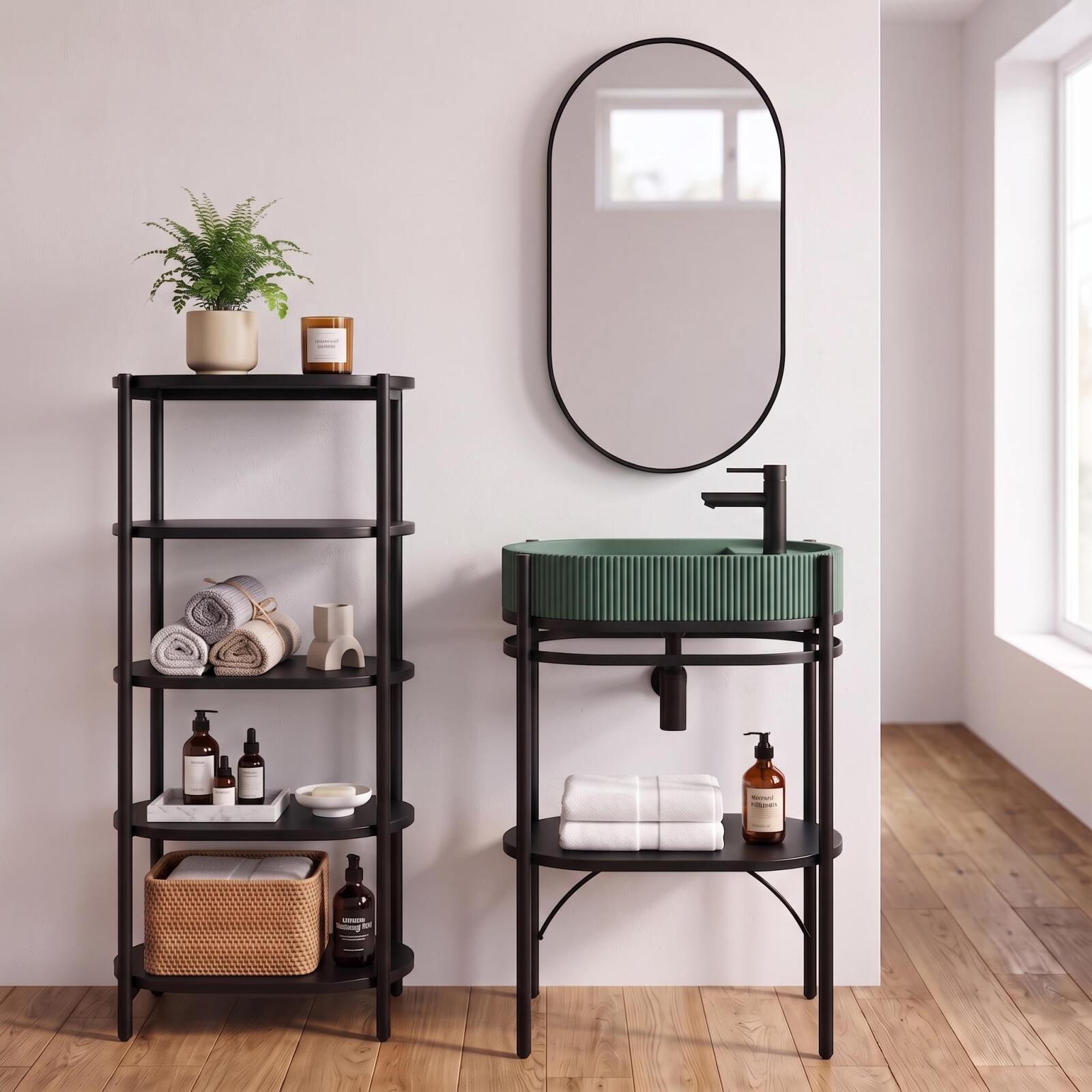 Meuble simple vasque sur pieds 55cm en métal noir et vasque béton 