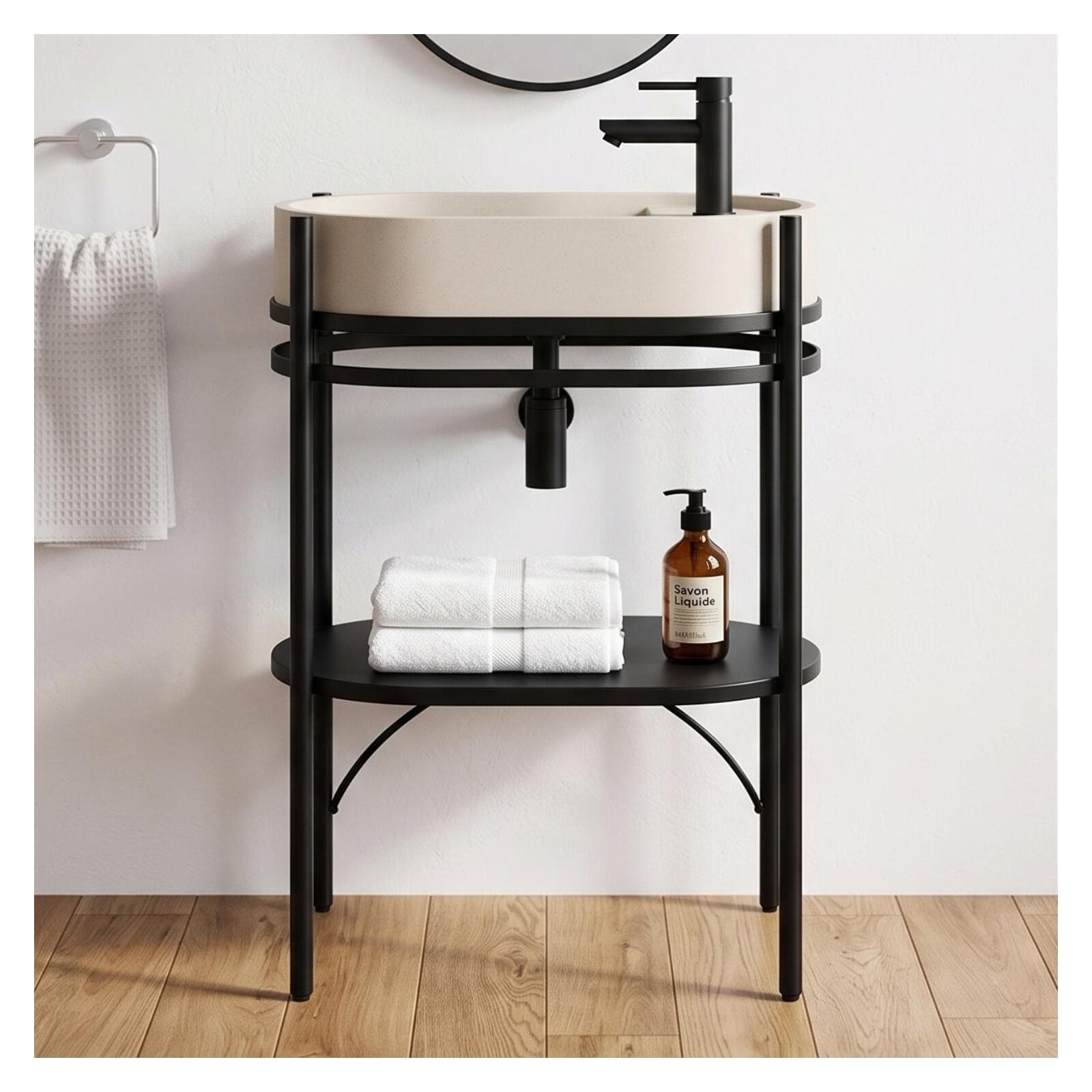 Meuble simple vasque sur pieds 55cm en métal noir et vasque béton 