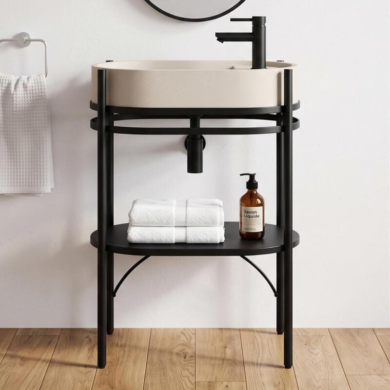 Meuble simple vasque sur pieds 55cm en métal noir et vasque béton 