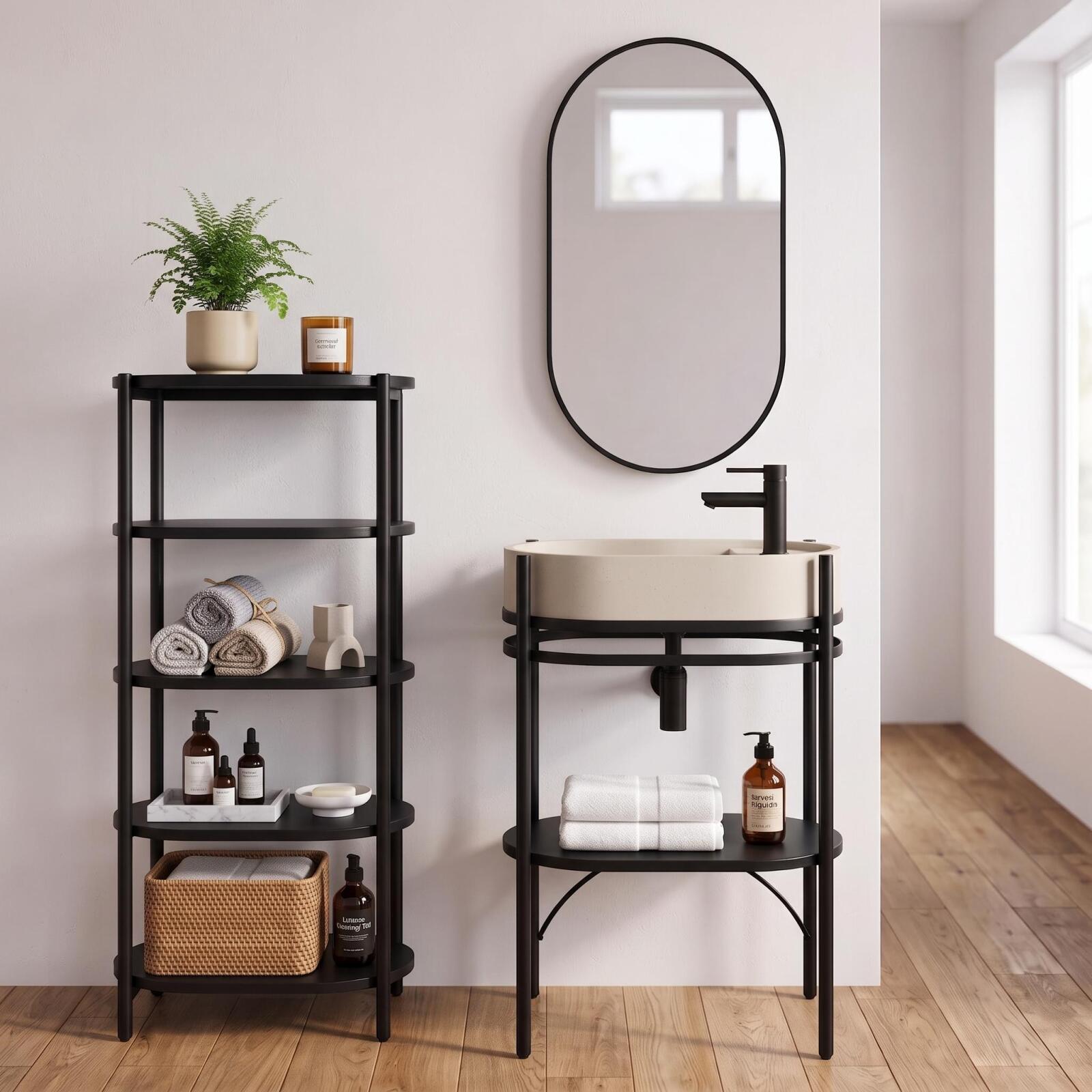 Meuble simple vasque sur pieds 55cm en métal noir et vasque béton 