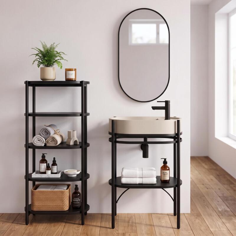 Meuble simple vasque sur pieds 55cm en métal noir et vasque béton 