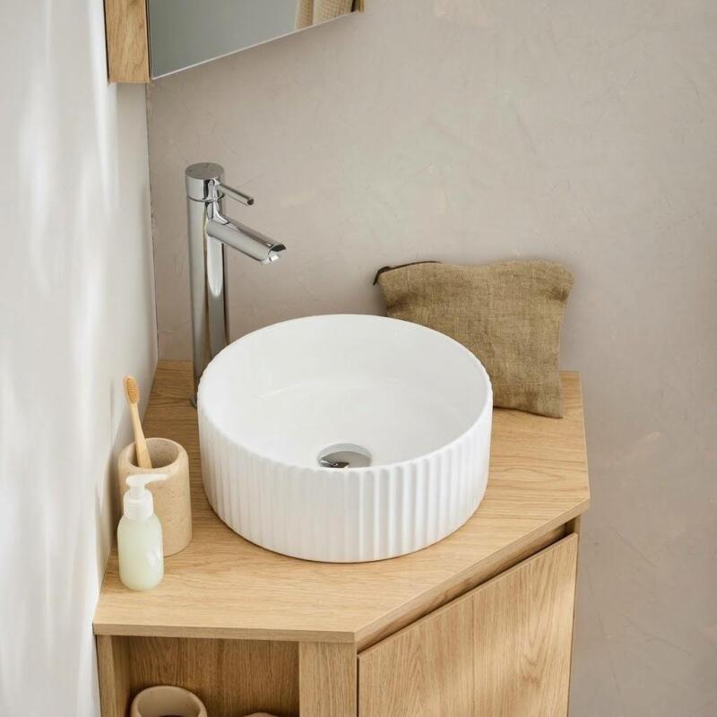 Vasque à poser texturée en céramique blanc ronde 30cm