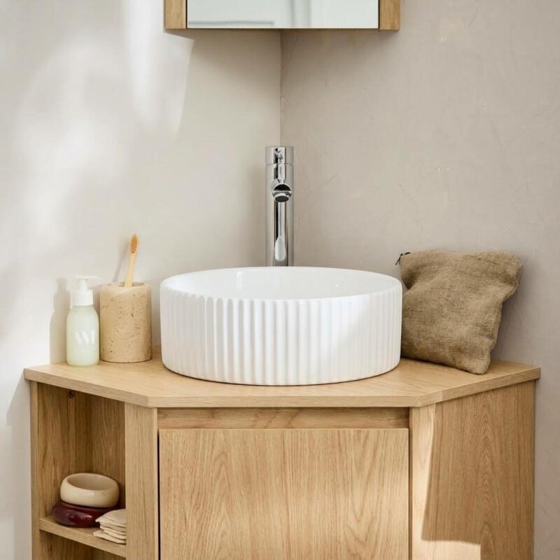 Vasque à poser texturée en céramique blanc ronde 30cm