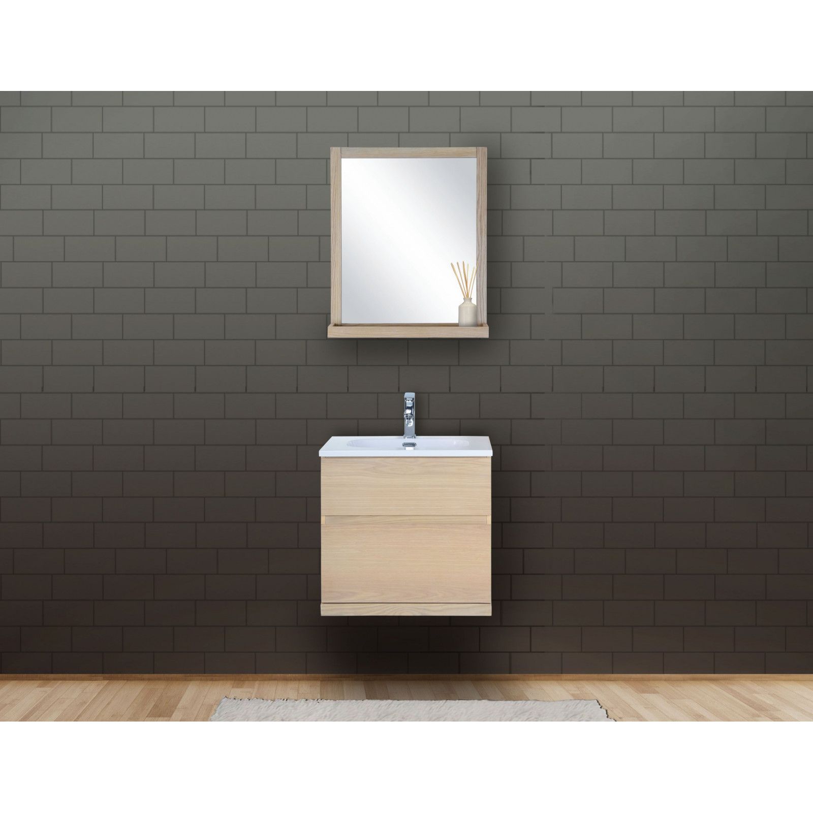 Ensemble de salle de bain chêne 60 cm meuble + vasque + miroir ENIO Ensemble de salle de bain chêne 60 cm meuble + vasque + miroir ENIO