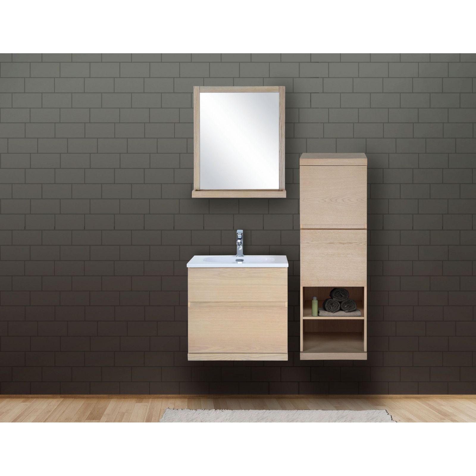 Ensemble salle de bain chêne 60 cm meuble + vasque + miroir + demi-colonne ENIO Ensemble salle de bain chêne 60 cm meuble + vasque + miroir + demi-colonne ENIO