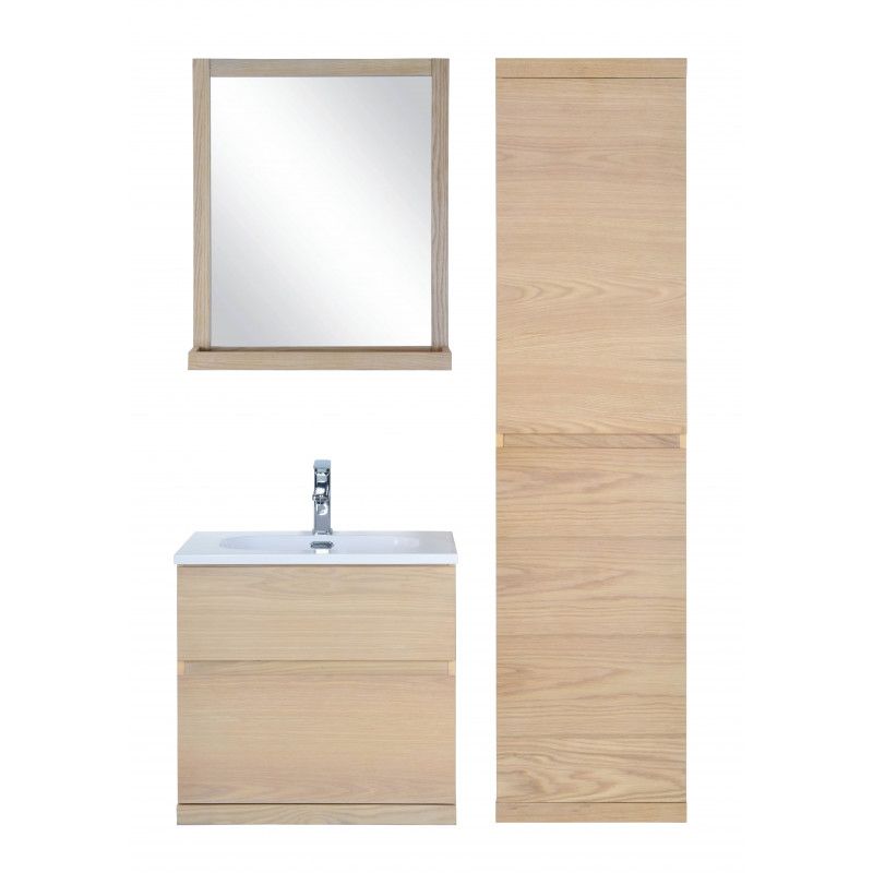 Meuble Salle de Bains 80 cm, Vasque Blanche, Miroir Led et Colonne - Chêne  Naturel - STRUCTURA