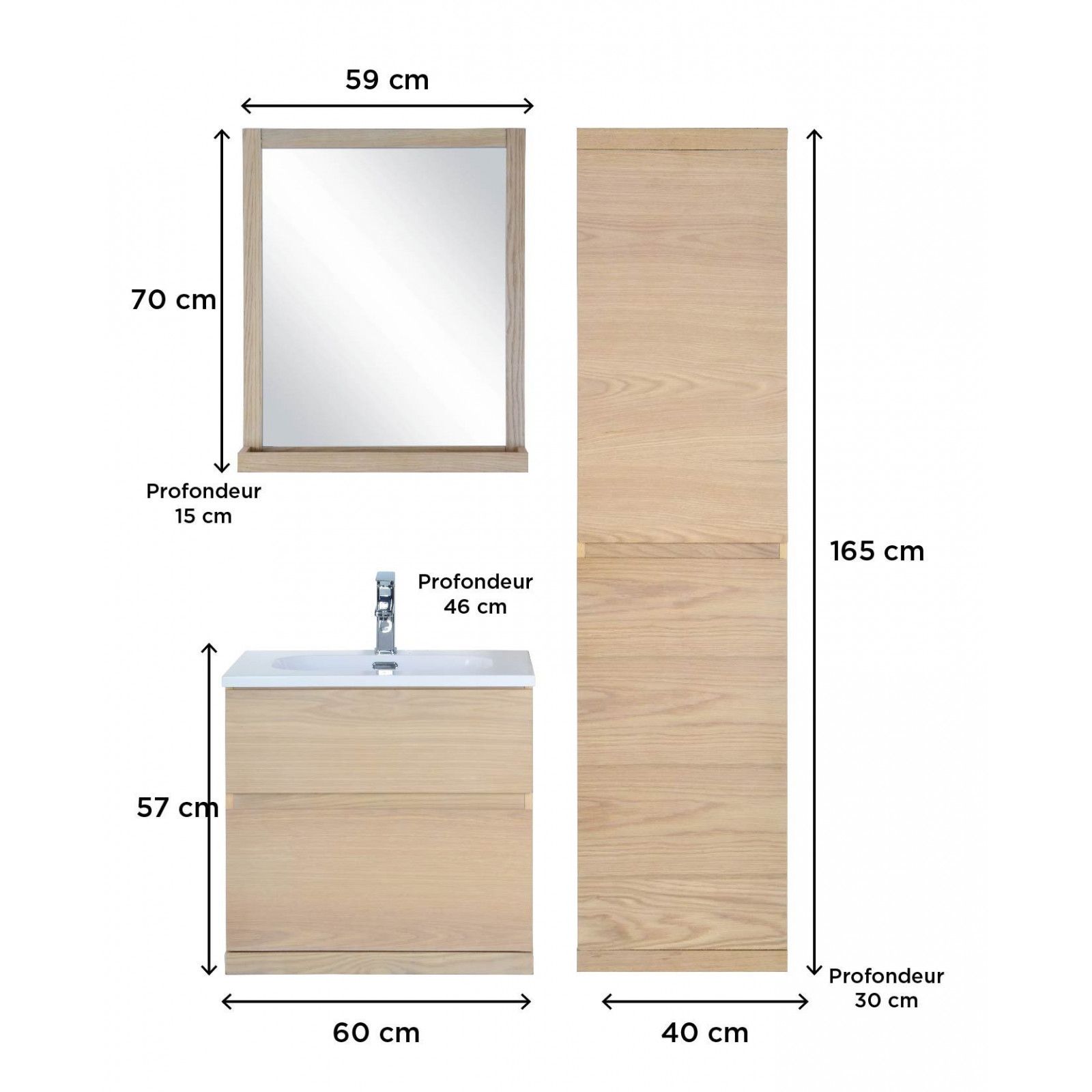 Ensemble salle de bain chêne 60 cm meuble + vasque + miroir + colonne ENIO