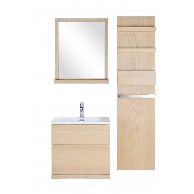 Ensemble salle de bain chêne 60 cm meuble + vasque + miroir + module rangement ENIO
