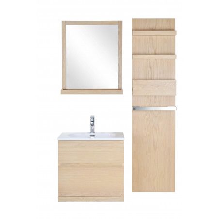 Ensemble salle de bain chêne 60 cm meuble + vasque + miroir + module rangement ENIO