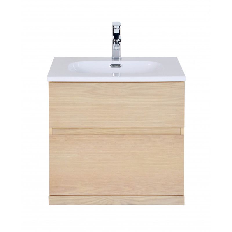 Ensemble salle de bain chêne 60 cm meuble + vasque + miroir + module rangement ENIO