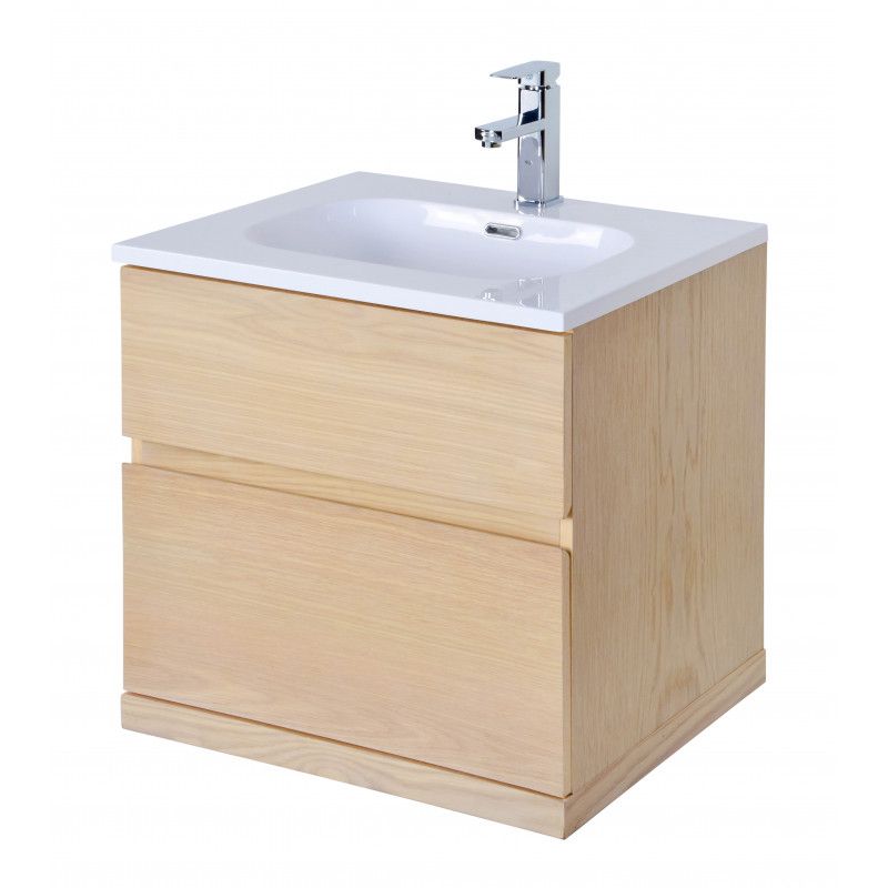 Ensemble salle de bain chêne 60 cm meuble + vasque + miroir + module rangement ENIO