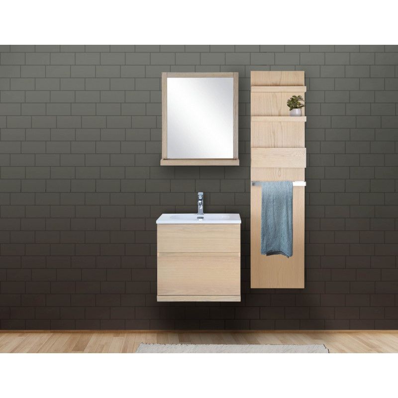 Ensemble salle de bain chêne 60 cm meuble + vasque + miroir + module rangement ENIO
