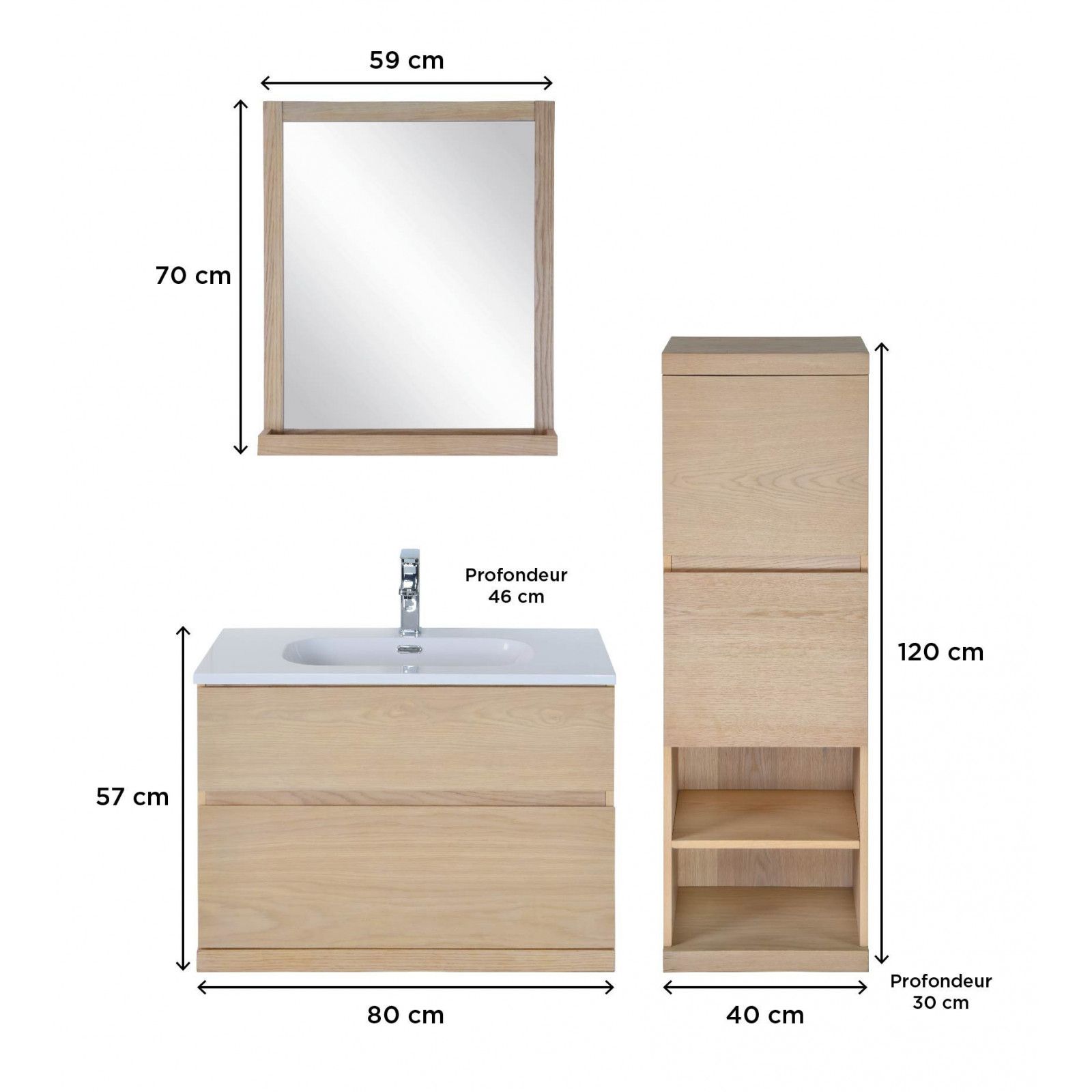 Ensemble salle de bain chêne 80 cm meuble + vasque + miroir + demi-colonne ENIO Ensemble salle de bain chêne 80 cm meuble + vasque + miroir + demi-colonne ENIO