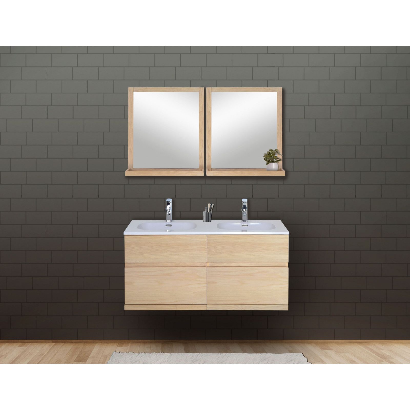 Ensemble salle de bain chêne 120 cm meuble + vasque + 2 miroirs ENIO