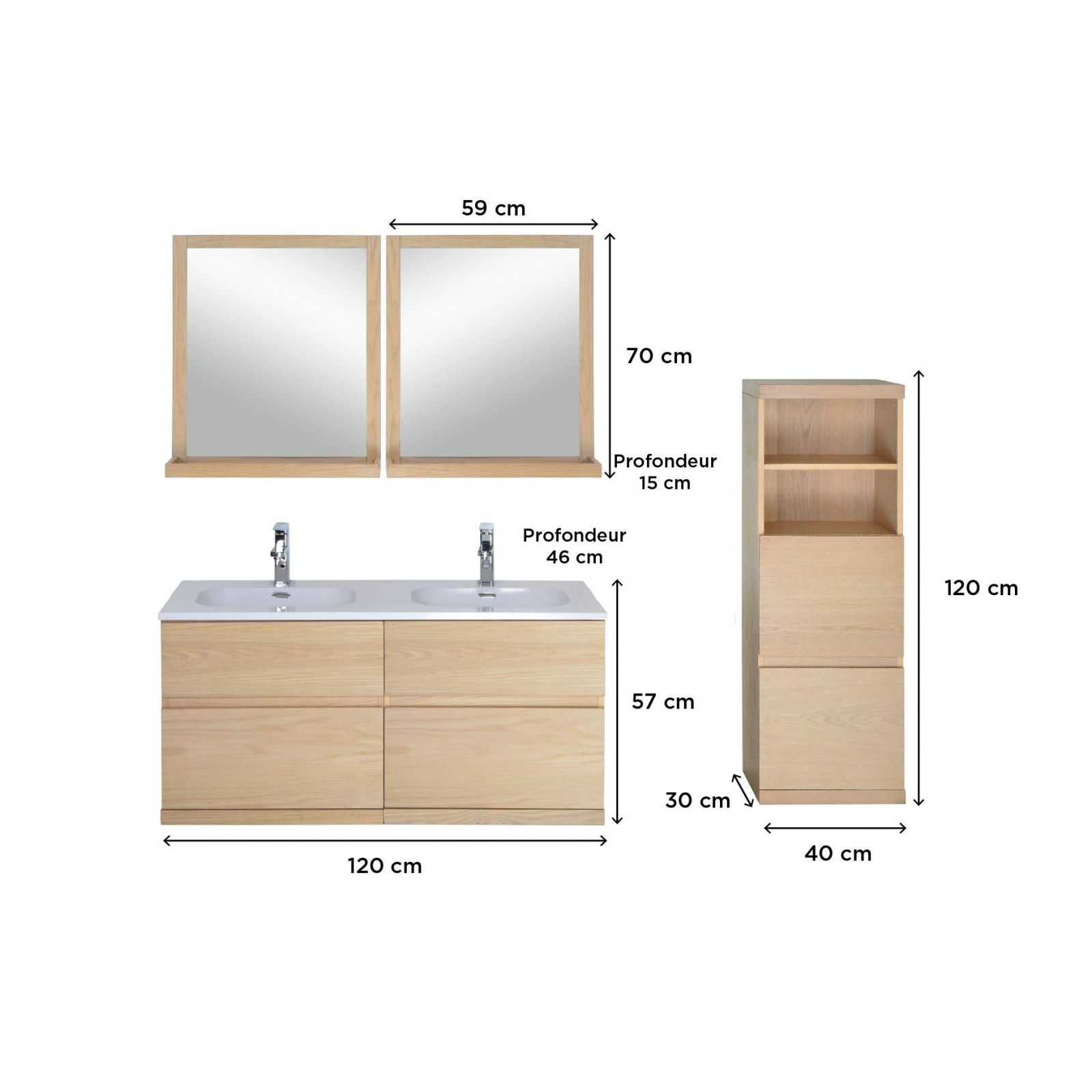 Ensemble De Salle De Bain Chene 120 Cm Enio Vasque 2 Miroirs Demi Colonne Mobin