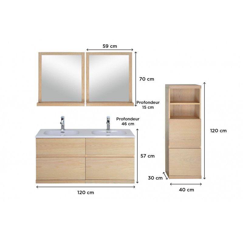 Ensemble salle de bain chêne 120 cm meuble + vasque + 2 miroirs + demi-colonne ENIO