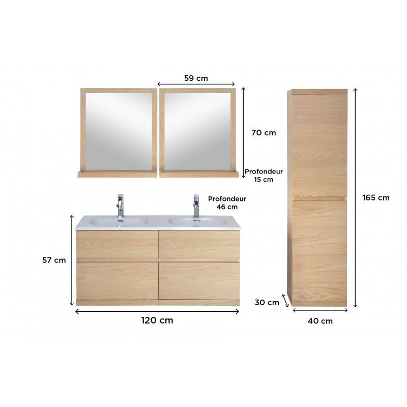 Ensemble salle de bain chêne 120 cm meuble + vasque + 2 miroirs + colonne ENIO