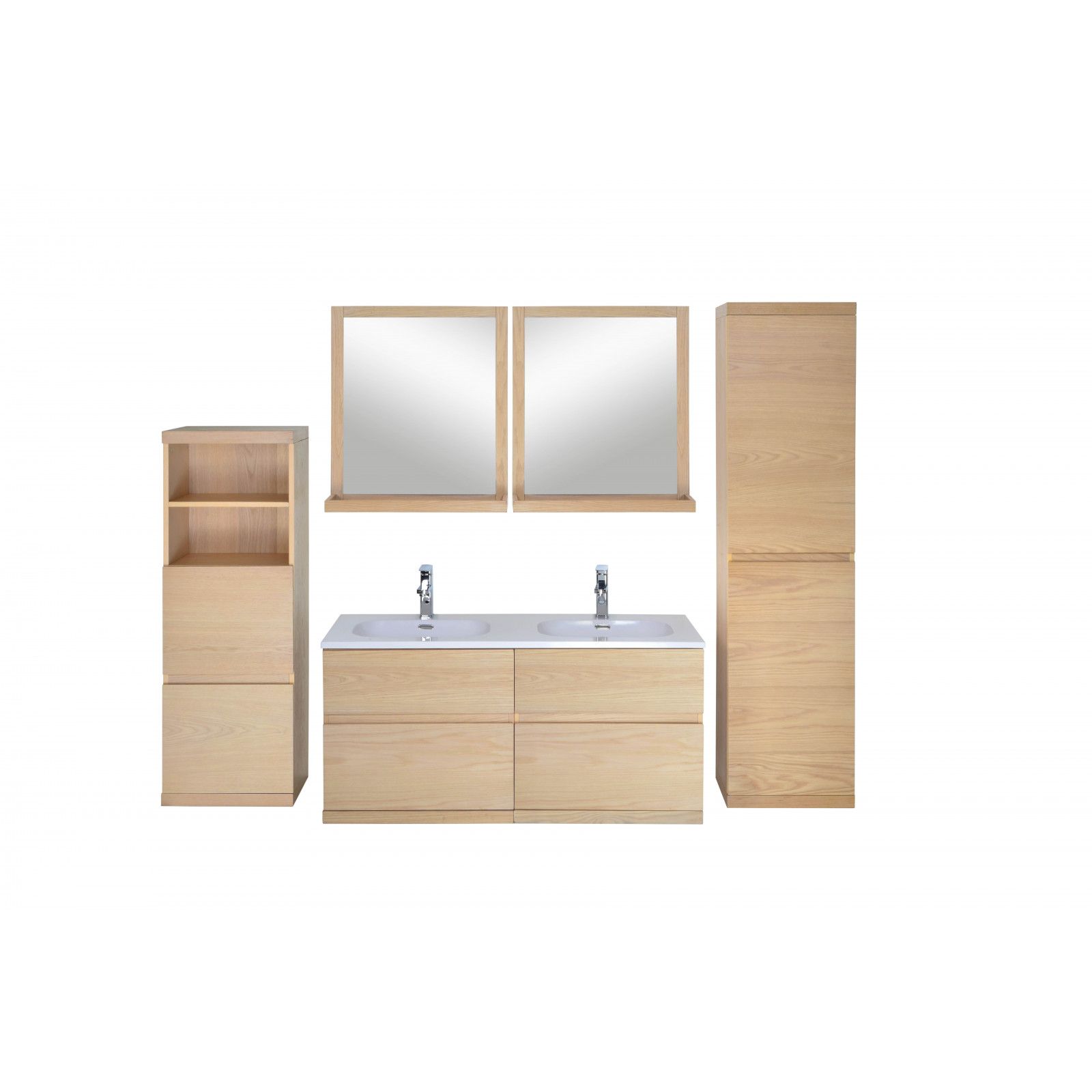Ensemble salle de bain chêne 120 cm meuble + vasque + 2 miroirs + 2 colonnes ENIO