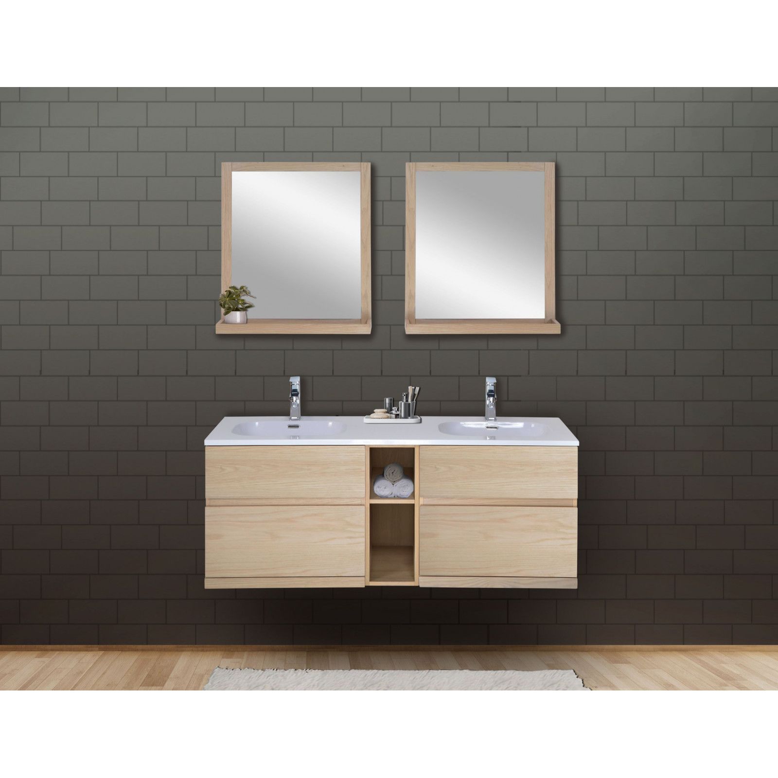 Ensemble salle de bain chêne 140 cm meuble + vasque + 2 miroirs ENIO