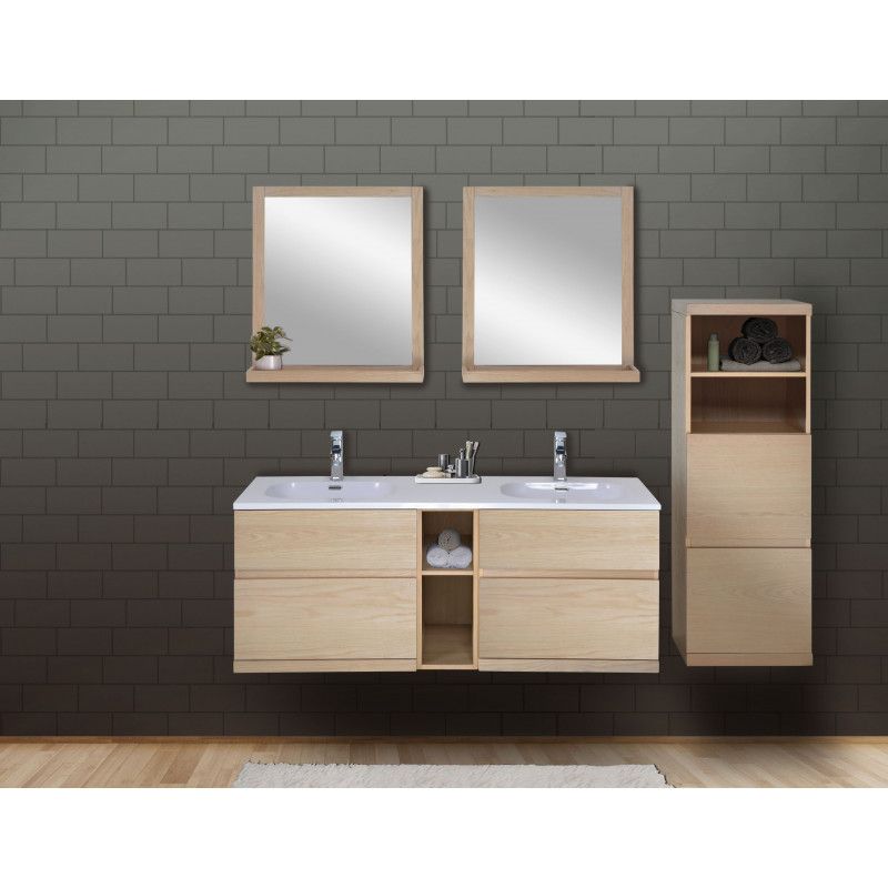 Ensemble salle de bain chêne 140 cm meuble + vasque + 2 miroirs + demi-colonne ENIO