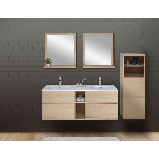 Ensemble salle de bain chêne 140 cm meuble + vasque + 2 miroirs + demi-colonne ENIO