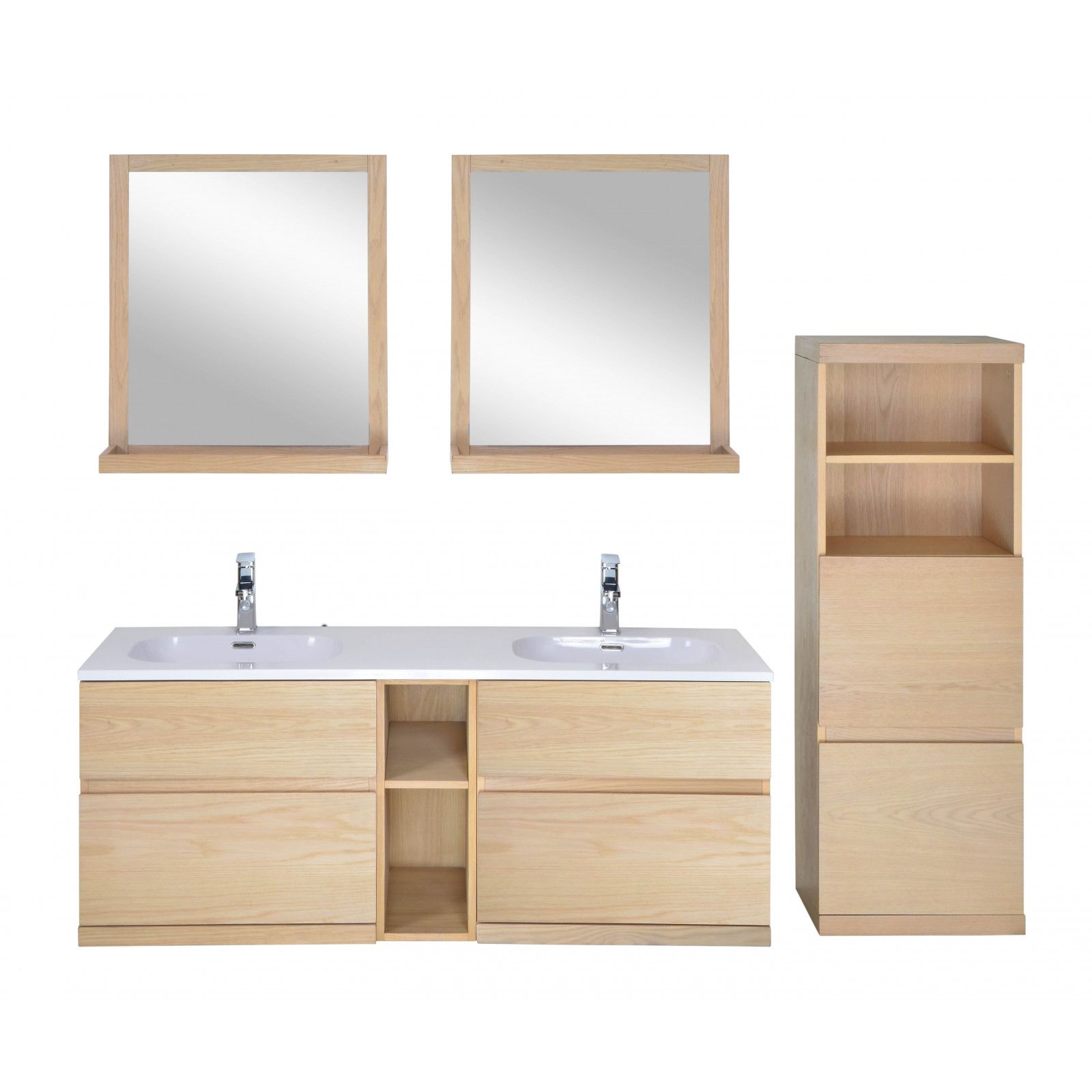 Ensemble salle de bain chêne 140 cm meuble + vasque + 2 miroirs + demi-colonne ENIO
