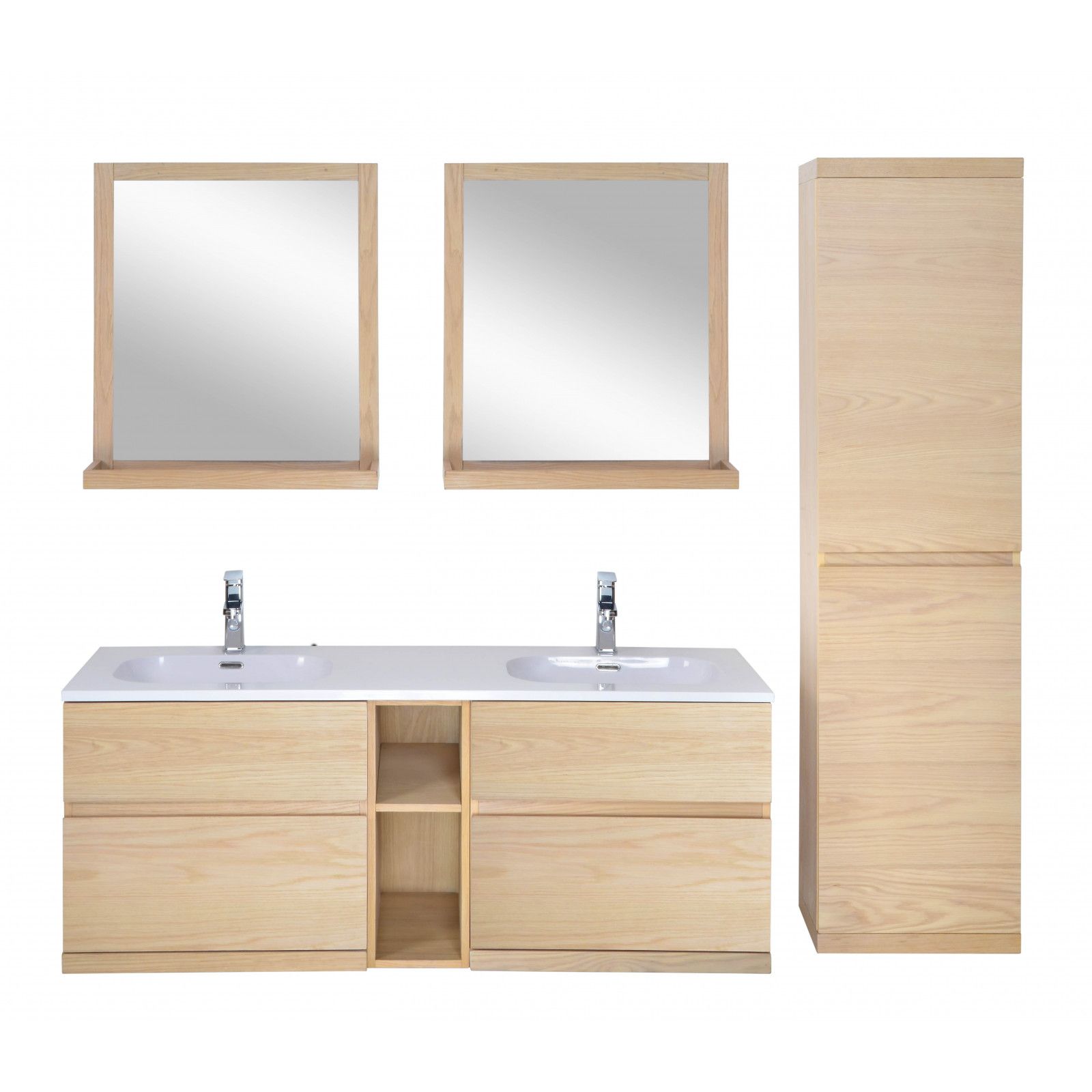 Ensemble salle de bain chêne 140 cm meuble + vasque + 2 miroirs + colonne ENIO
