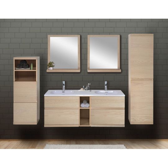 Ensemble salle de bain chêne 140 cm meuble + vasque + 2 miroirs + 2 colonnes ENIO