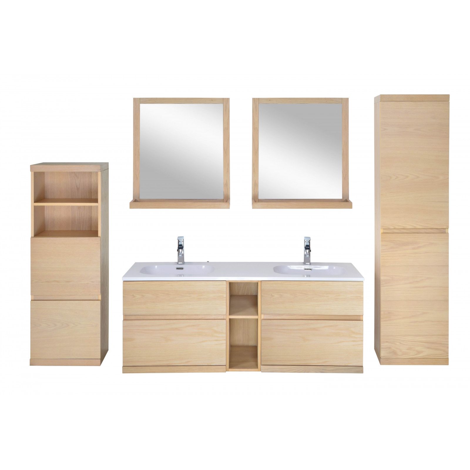 Ensemble salle de bain chêne 140 cm meuble + vasque + 2 miroirs + 2 colonnes ENIO