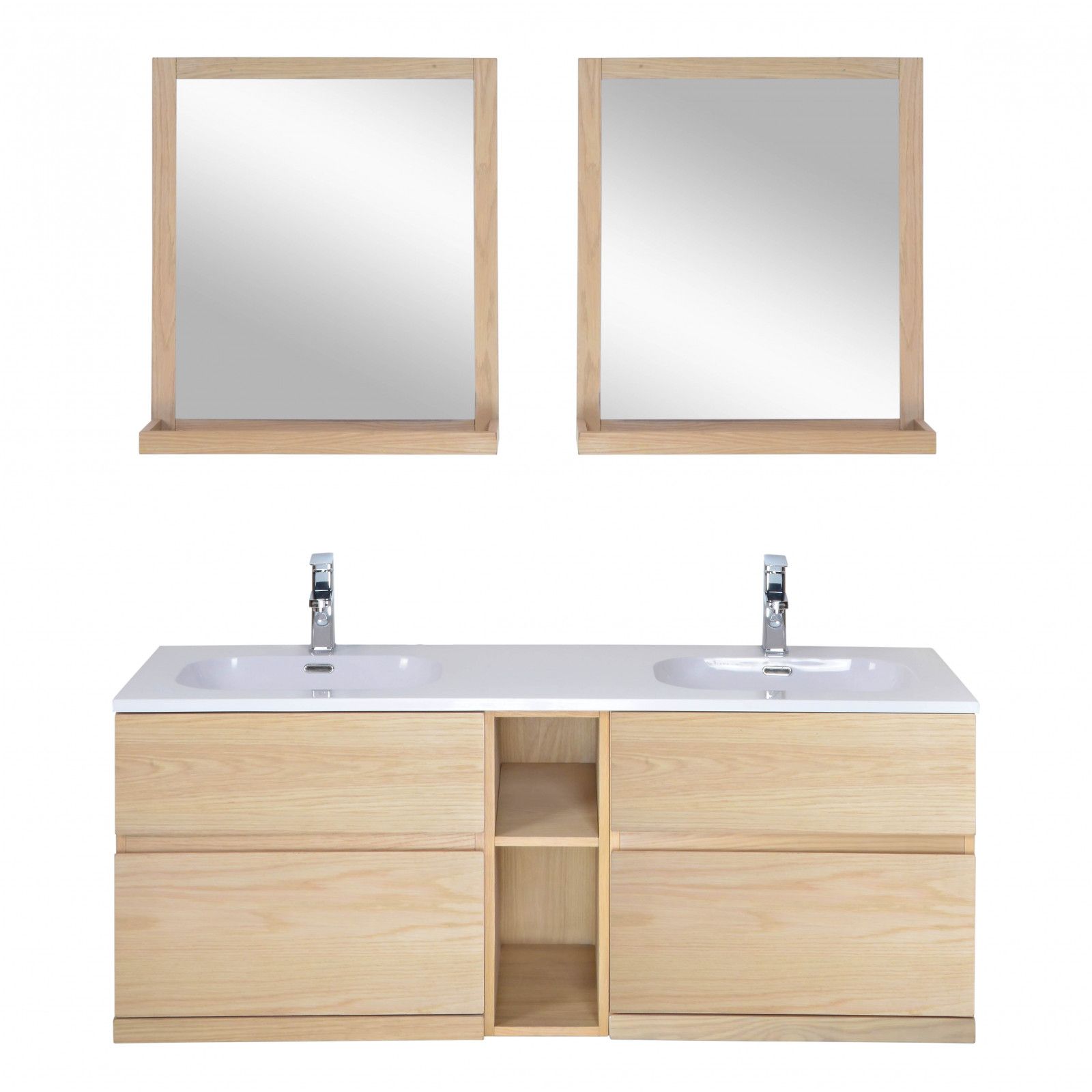 Ensemble salle de bain chêne 140 cm meuble + vasque + 2 miroirs + 2 colonnes ENIO