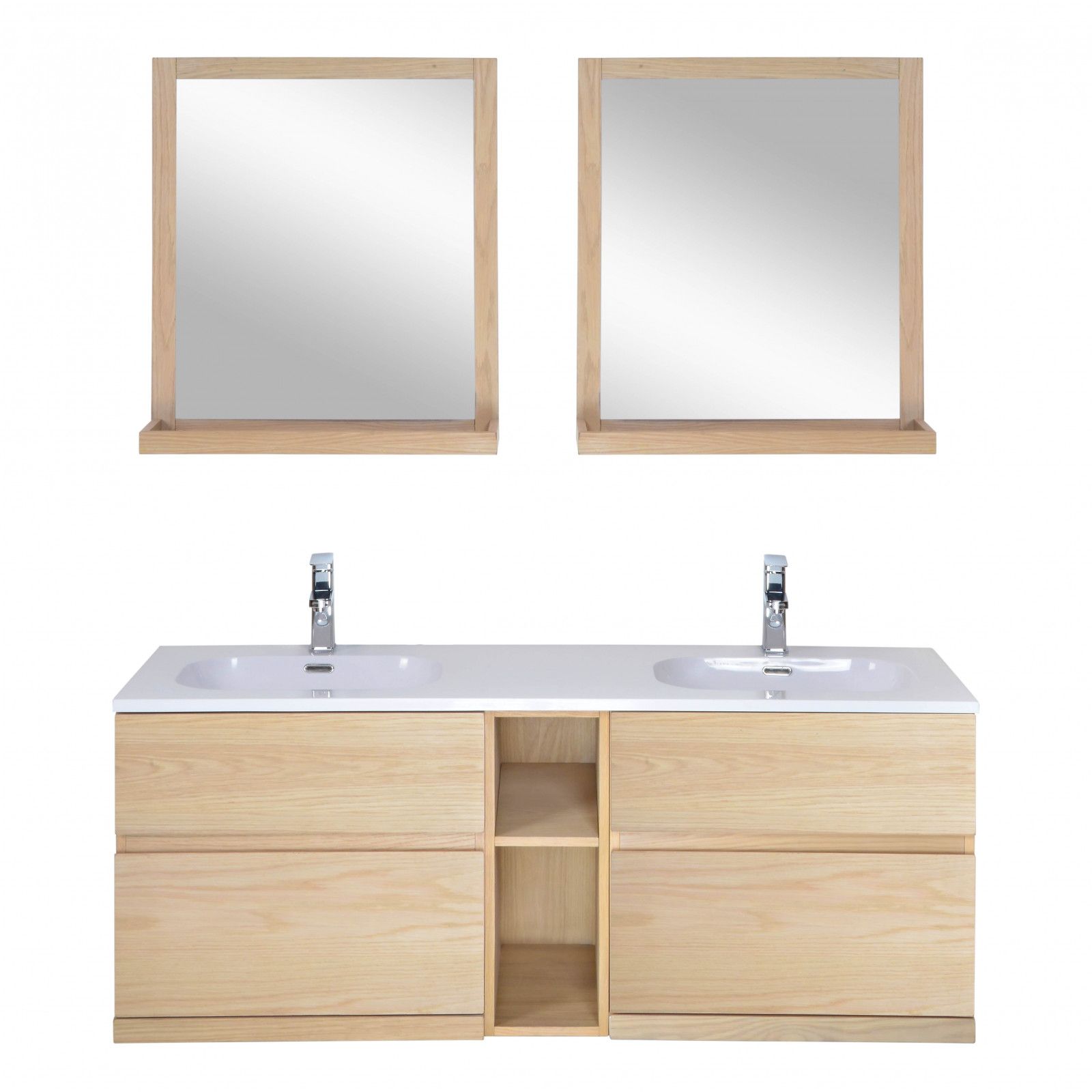 Ensemble salle de bain chêne 140 cm meuble + vasque + 2 miroirs + module rangement ENIO