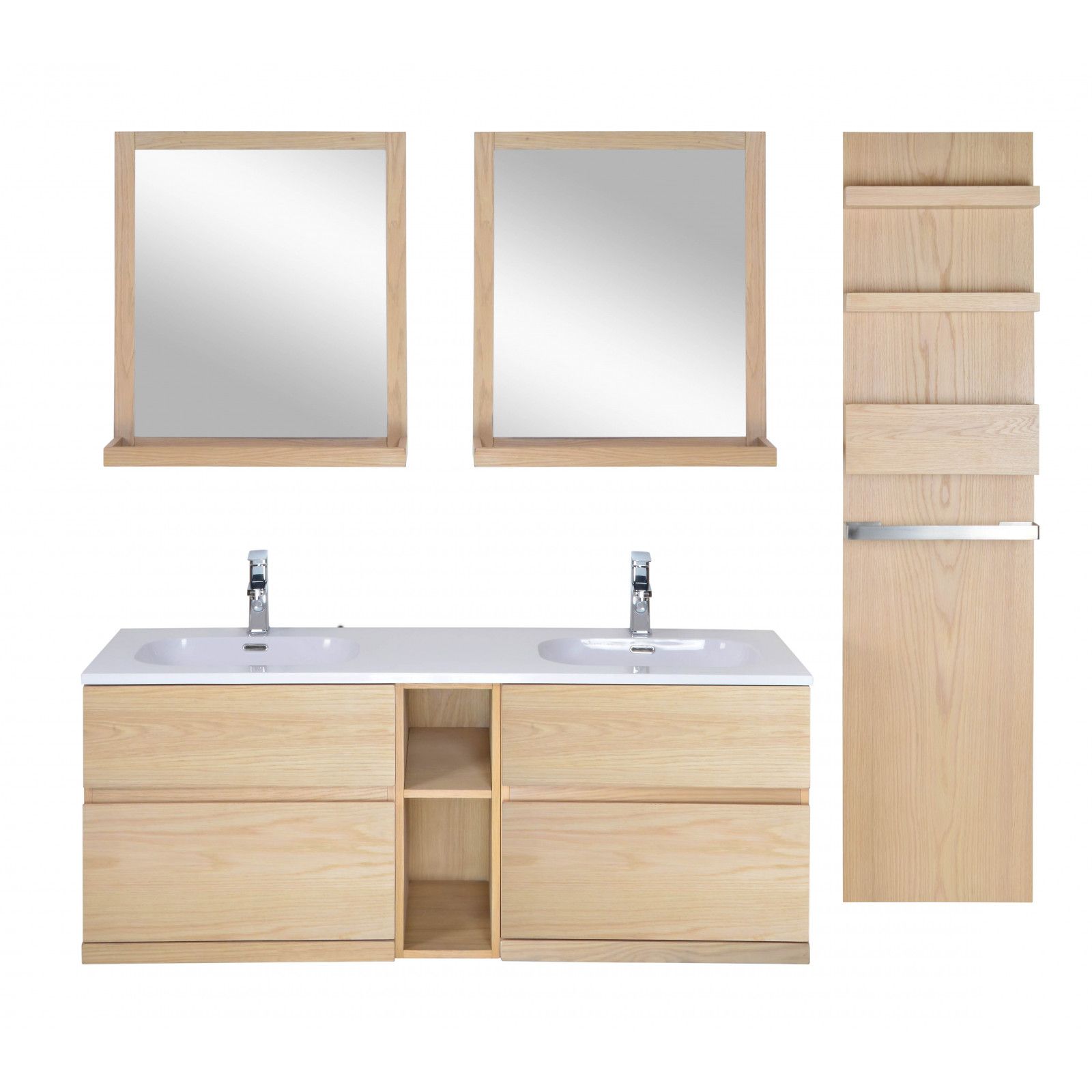 Ensemble salle de bain chêne 140 cm meuble + vasque + 2 miroirs + module rangement ENIO