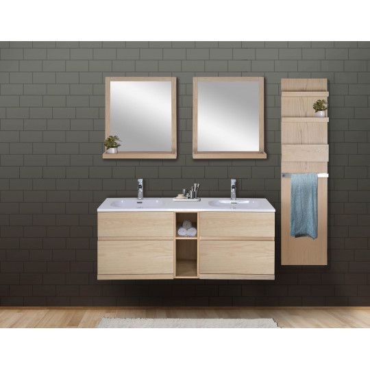 Ensemble salle de bain chêne 140 cm meuble + vasque + 2 miroirs + module rangement ENIO